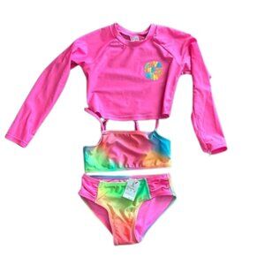 Cat & Jack Girls Rainbow Rash Guard Swim Set Pink Size S 6/7 3pc NWT
